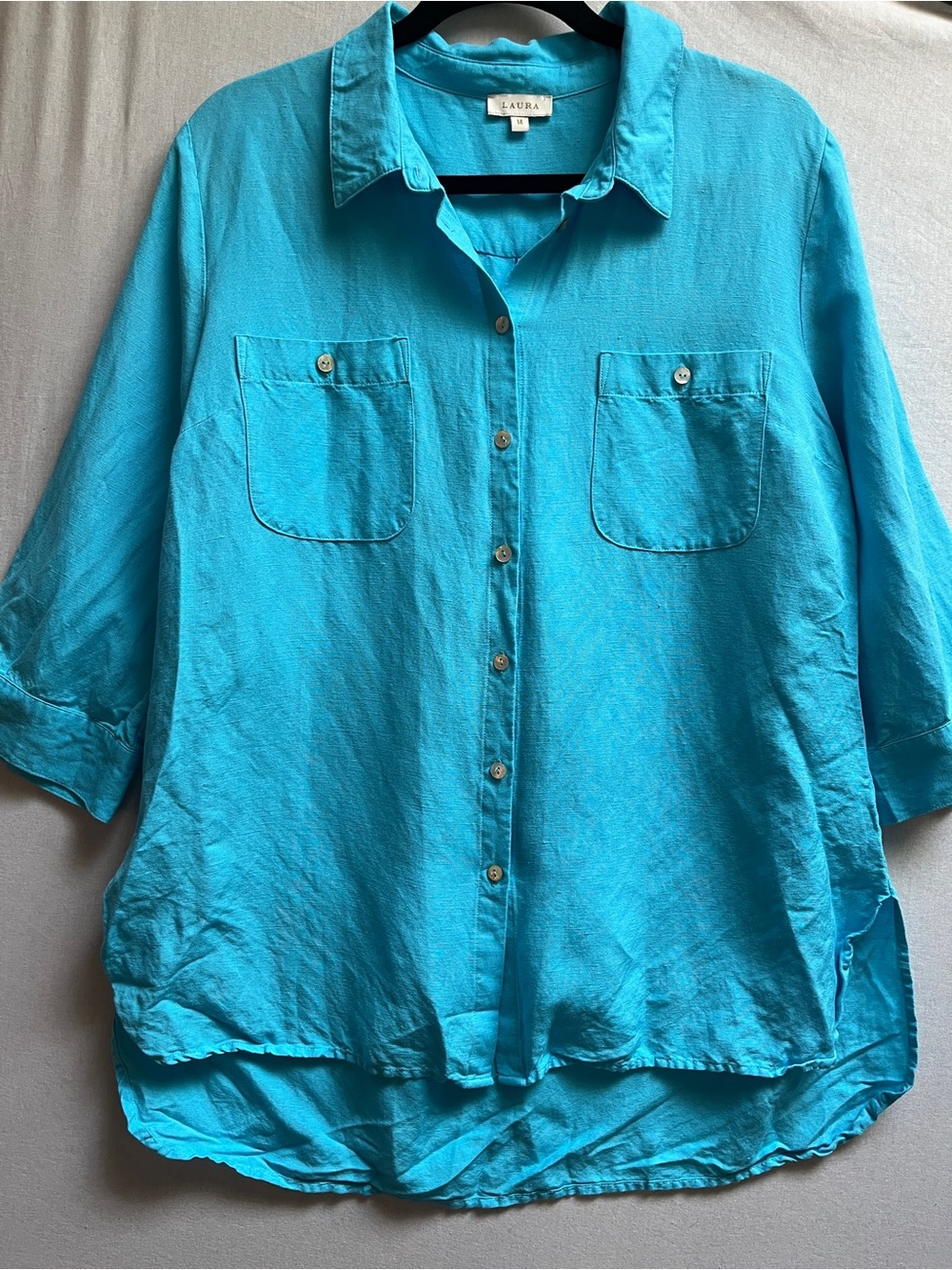 Laura Linen Blend Roll Tab Sleeve Button Down Tunic Shirt Size 14